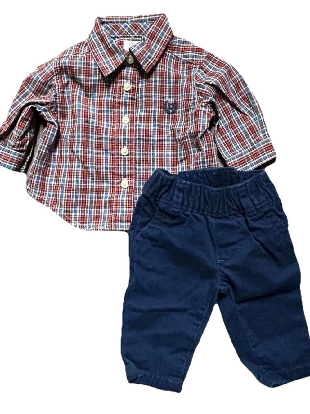 Baby Boy Outfit Red Blue Plaid Button Up Shirt Khaki Pants Size Newborn